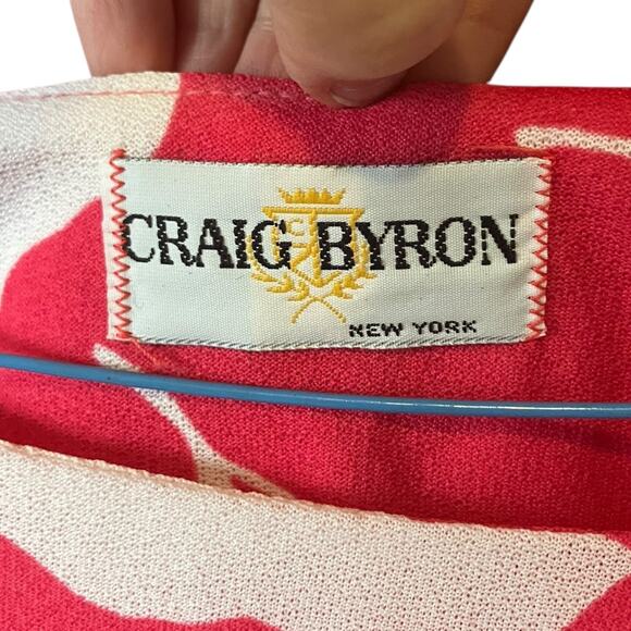 Vintage Craig Byron NY Pink Leaf Print Silky Midi Dress w/ Button Shoulder M - Picture 4 of 8